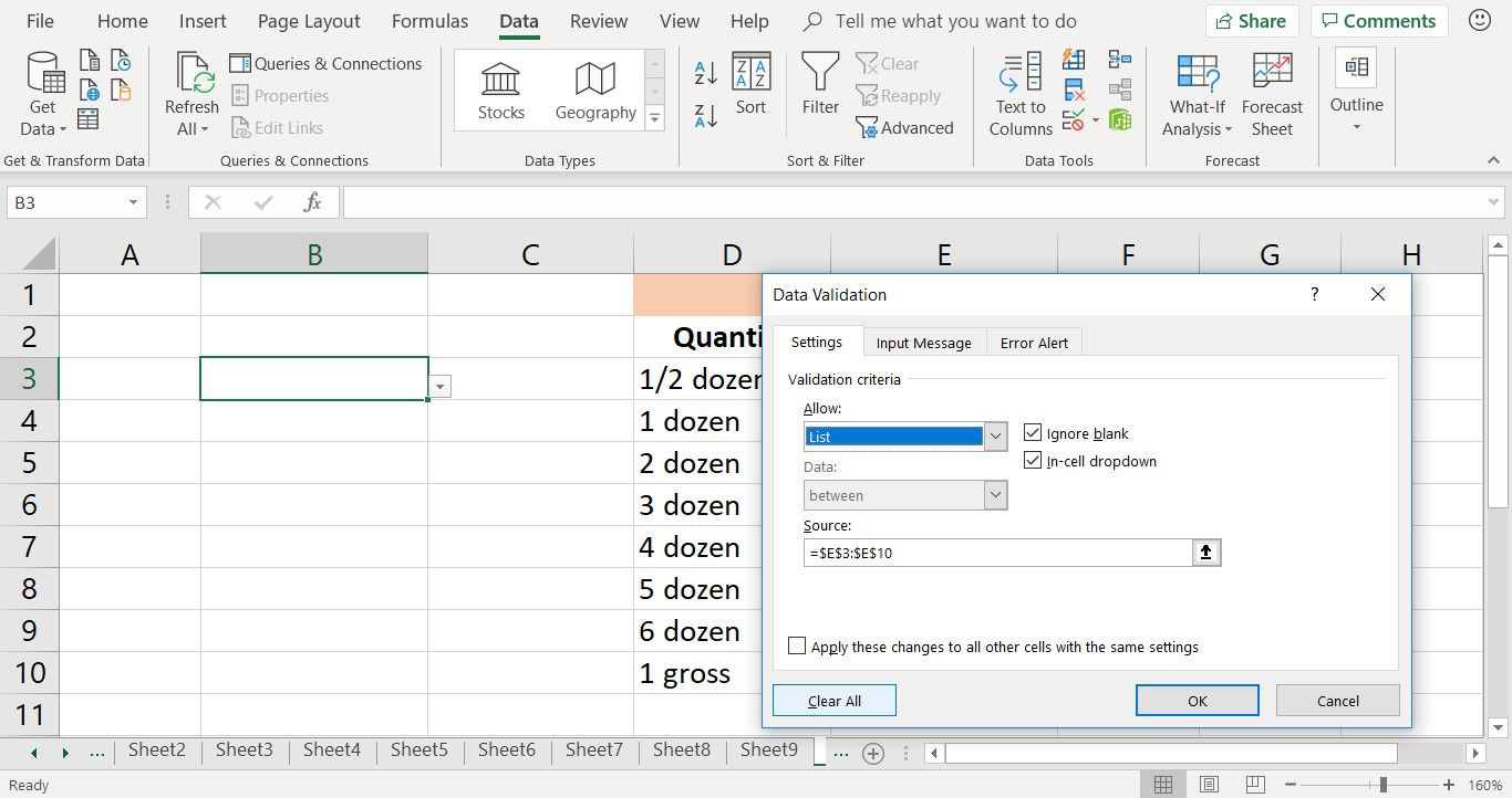 Snímek obrazovky ukazující, jak odstranit rozevírací seznam v aplikaci Excel