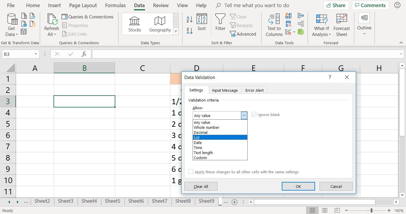 Snímek obrazovky zobrazující dialogové okno Ověření dat v aplikaci Excel