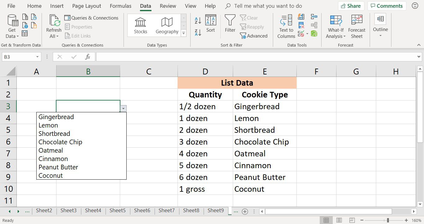 Screenshot zobrazující rozevírací seznam v aplikaci Excel