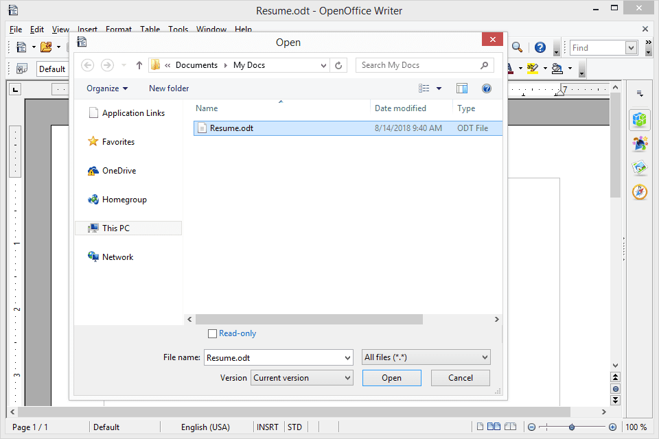 Screenshot ukazující, jak otevřít soubor ODT pomocí OpenOffice Writer