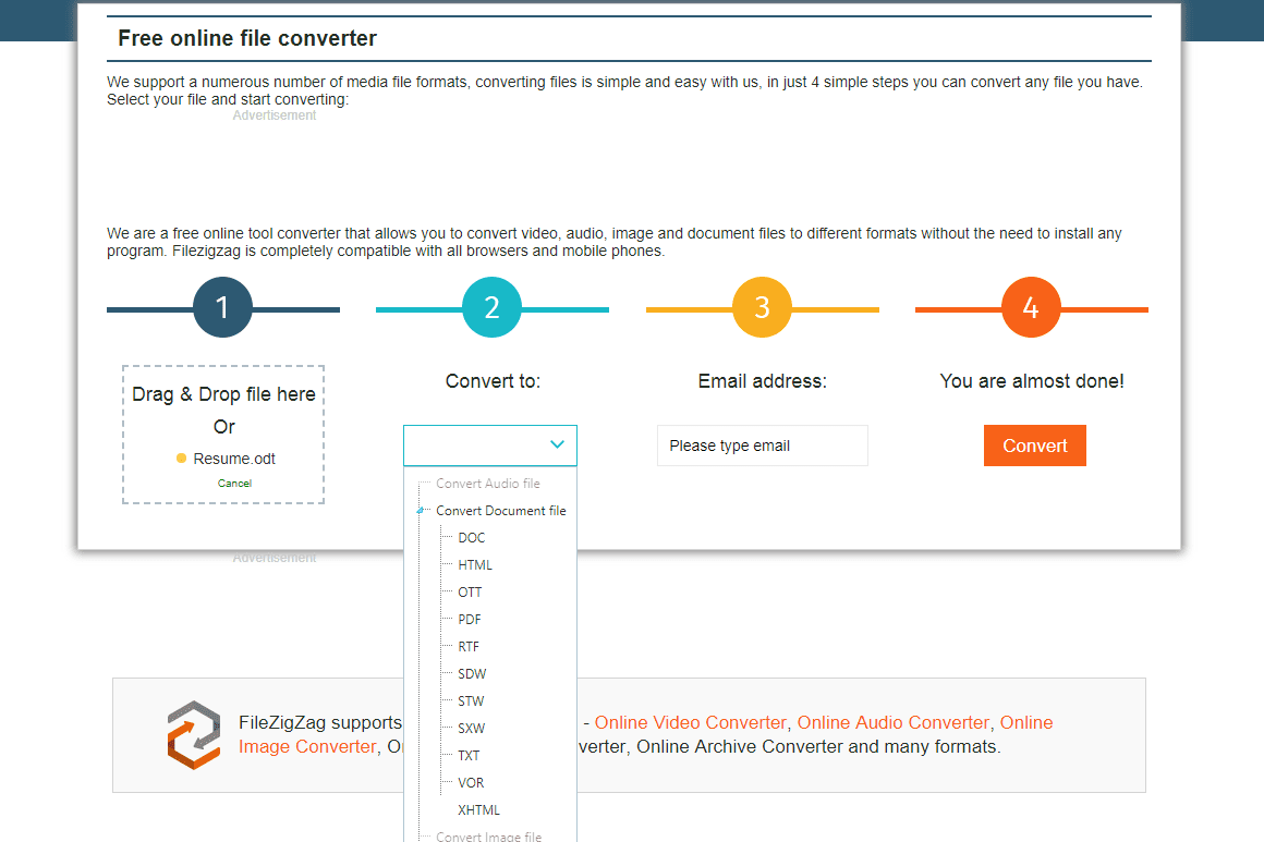 Screenshot zobrazující možnosti převodu ODT na webu FileZigZag