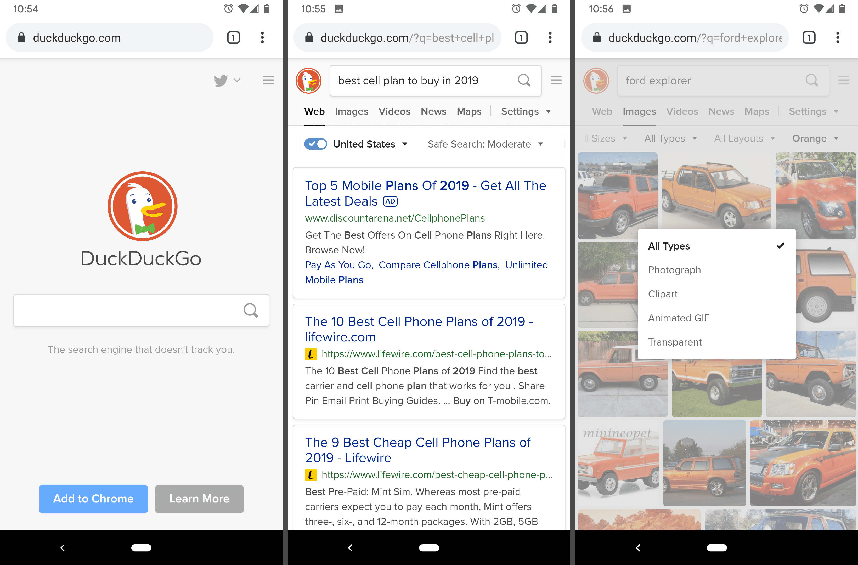 Mobilní web DuckDuckGo v prohlížeči Chrome pro Android