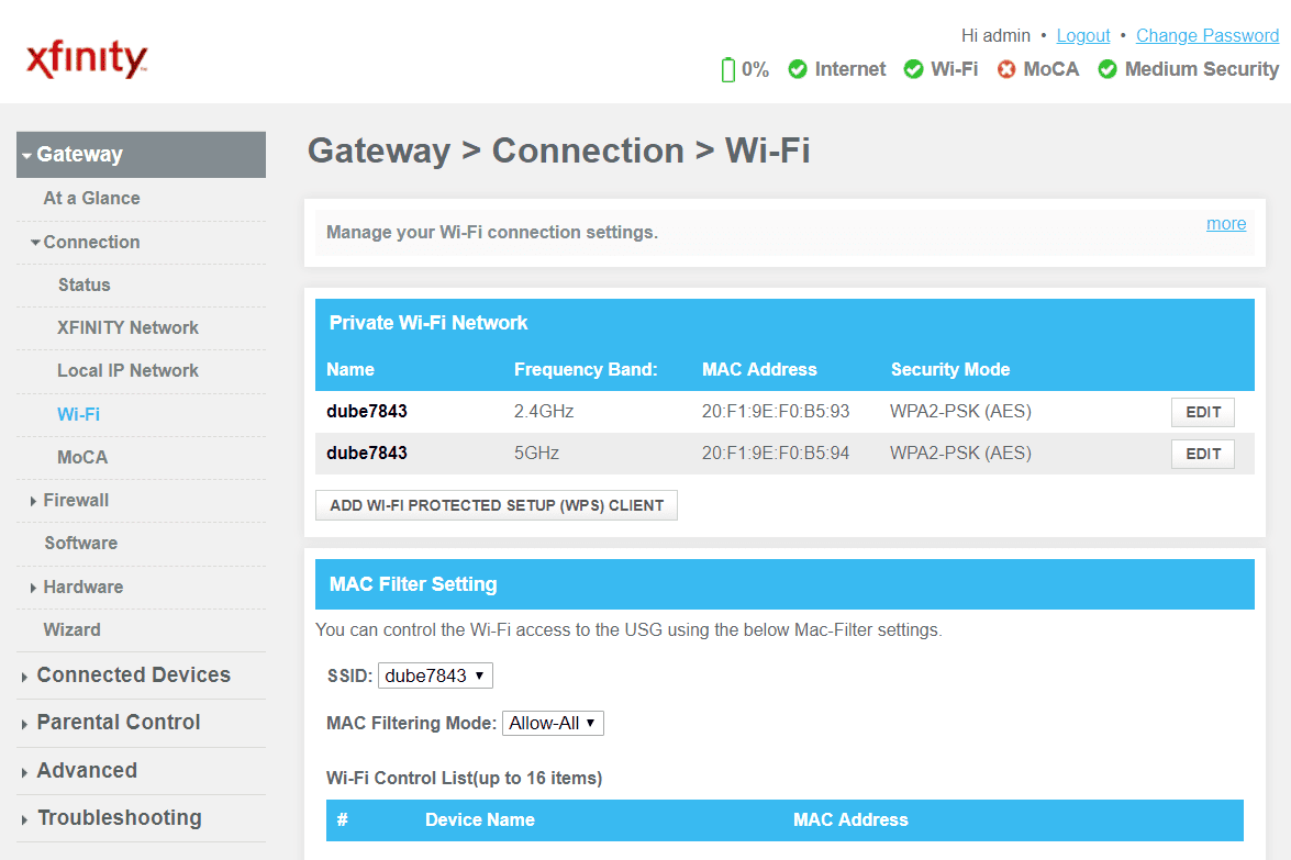Snímek obrazovky nastavení připojení Wi-Fi v routeru