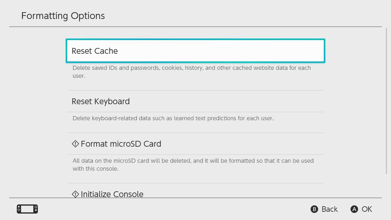 Reset Cache zvýrazněný v nabídce Nintendo Switch Settings