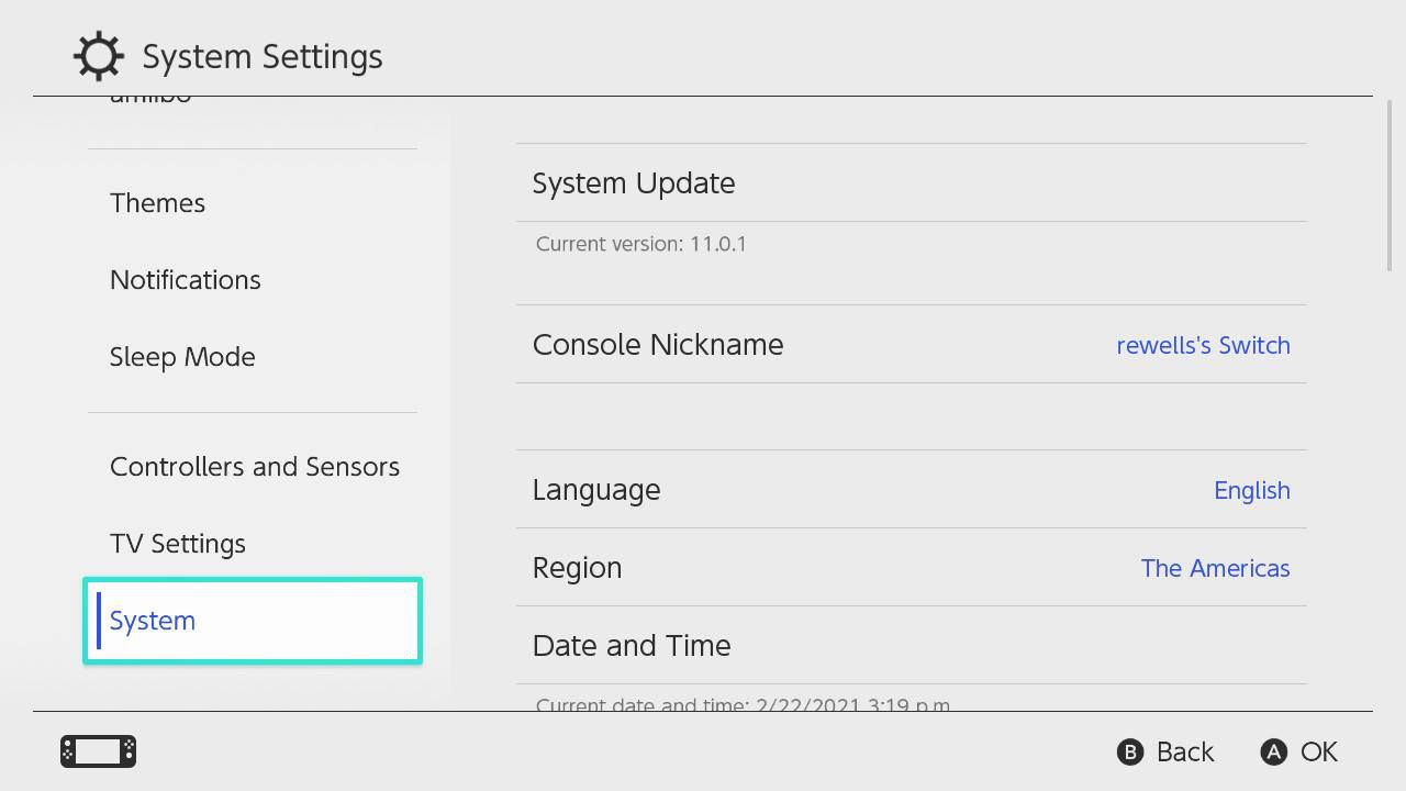 Systém je zvýrazněn v nabídce Nintendo Switch Settings