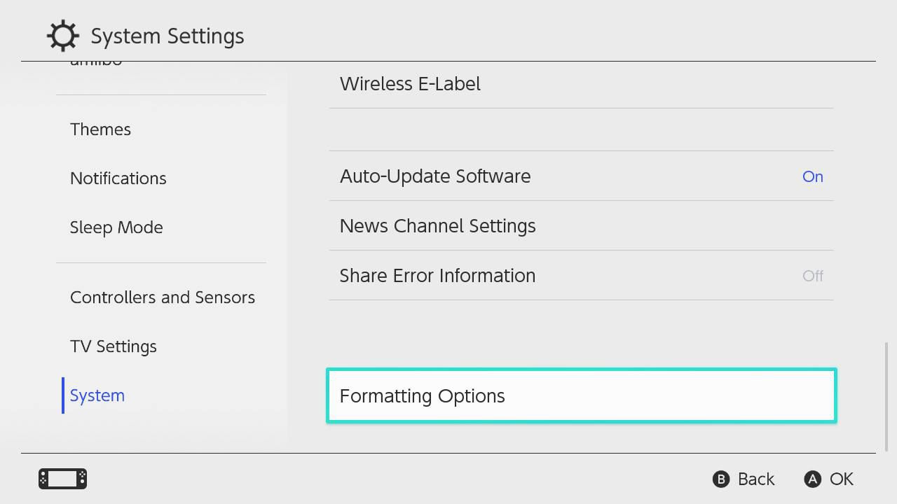 Možnosti formátování zvýrazněné v nabídce Nintendo Switch Settings