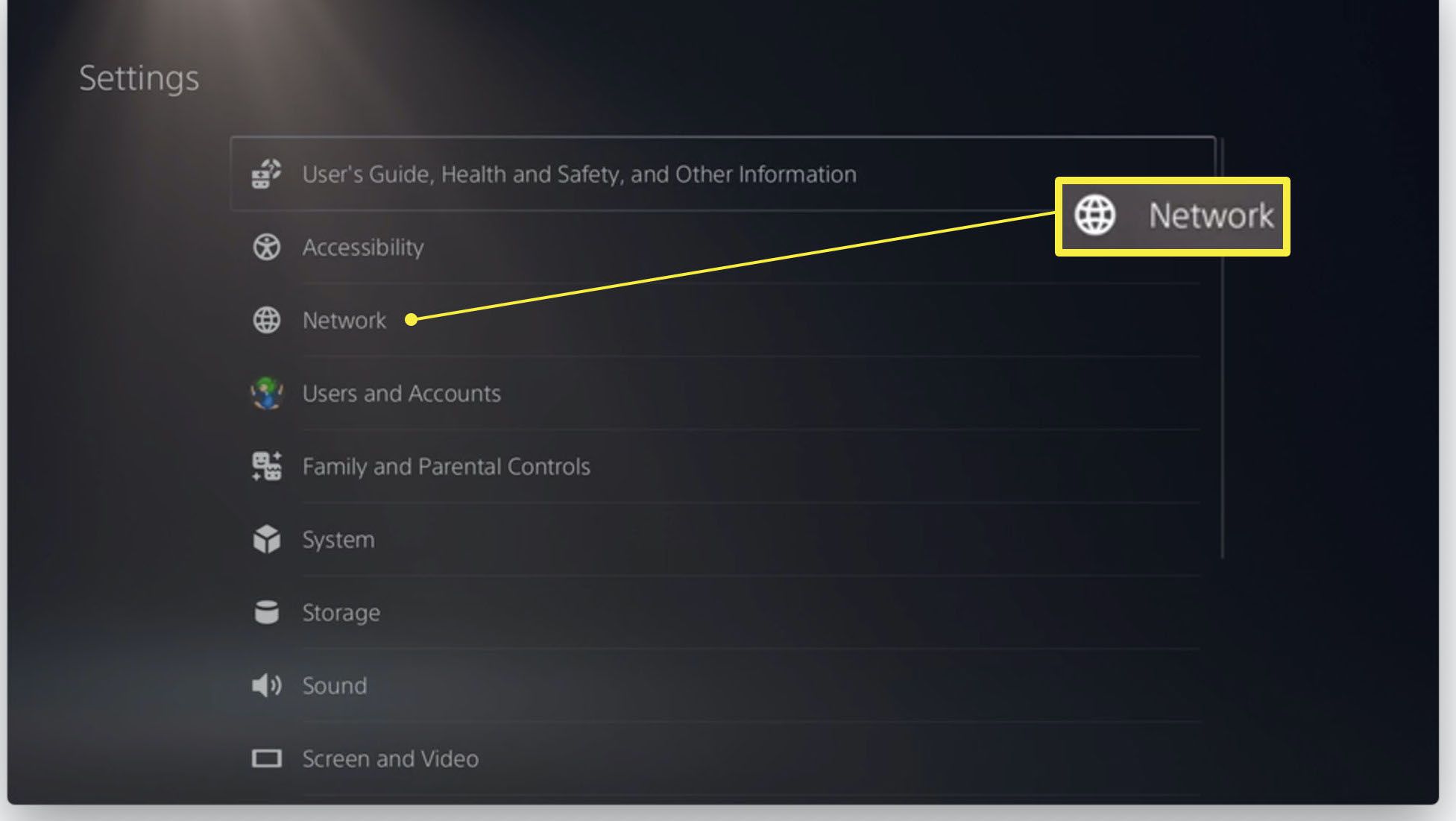 Nastavení PlayStation 5 se zvýrazněnou sítí