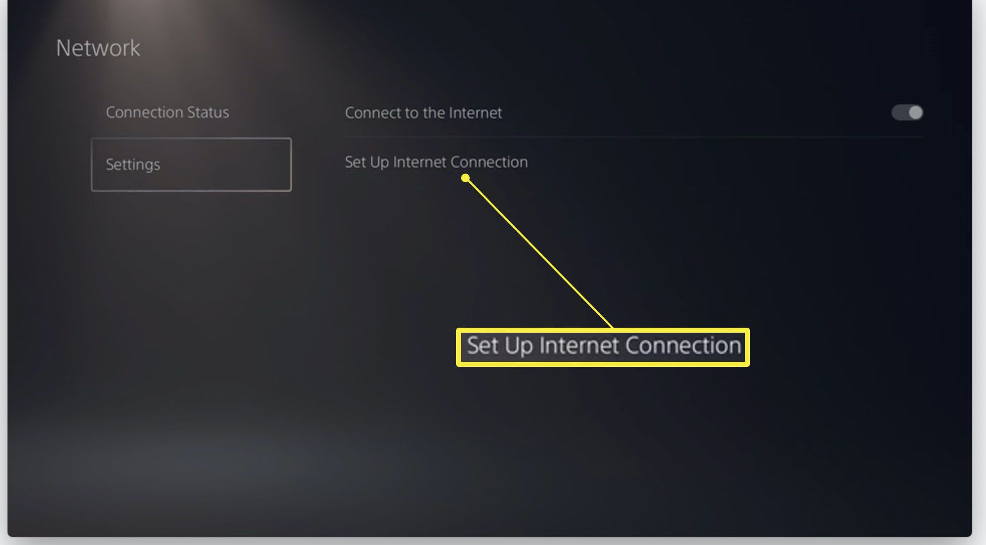 Nastavení PlayStation 5 se zvýrazněným Nastavit připojení k internetu