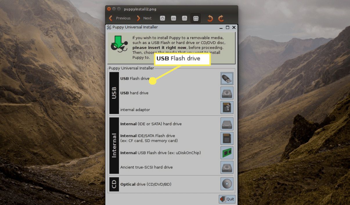 Ujistěte se, že je jednotka USB, na kterou chcete nainstalovat Puppy Linux, připojena, a vyberte jednotku USB flash.