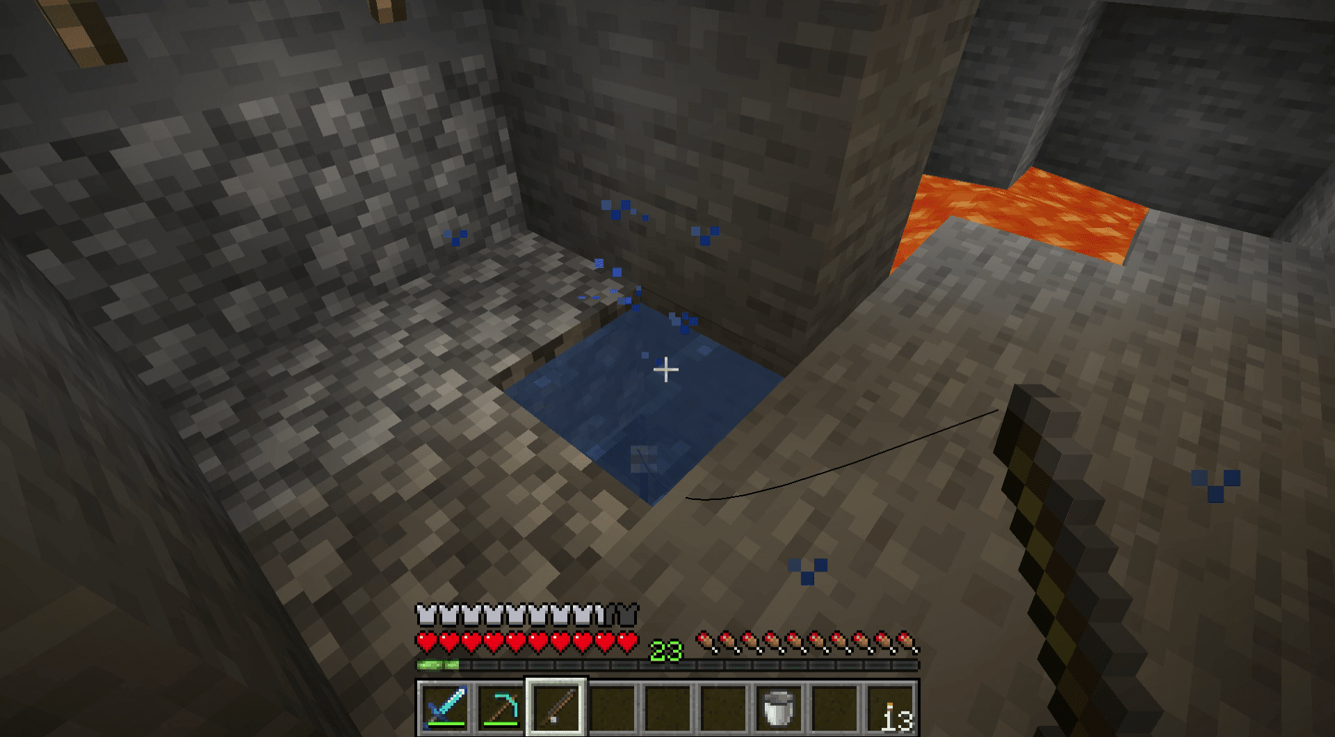 Screenshot z lovu ryb v jednom bloku rybářské díry v Minecraftu.
