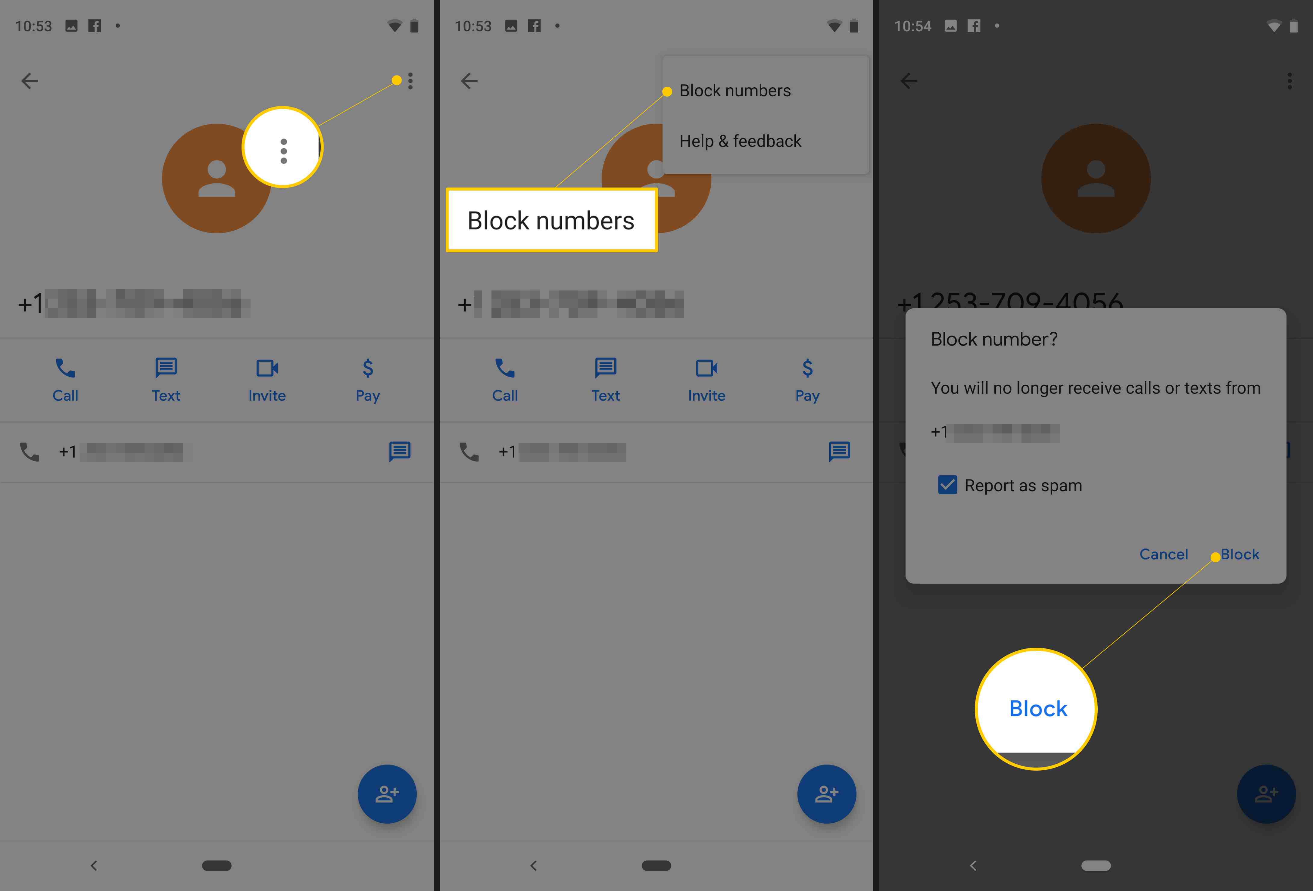 Tři obrazovky Android od Pixel zobrazující nabídku svislých bodů, položku nabídky čísel bloků a tlačítko Blokovat