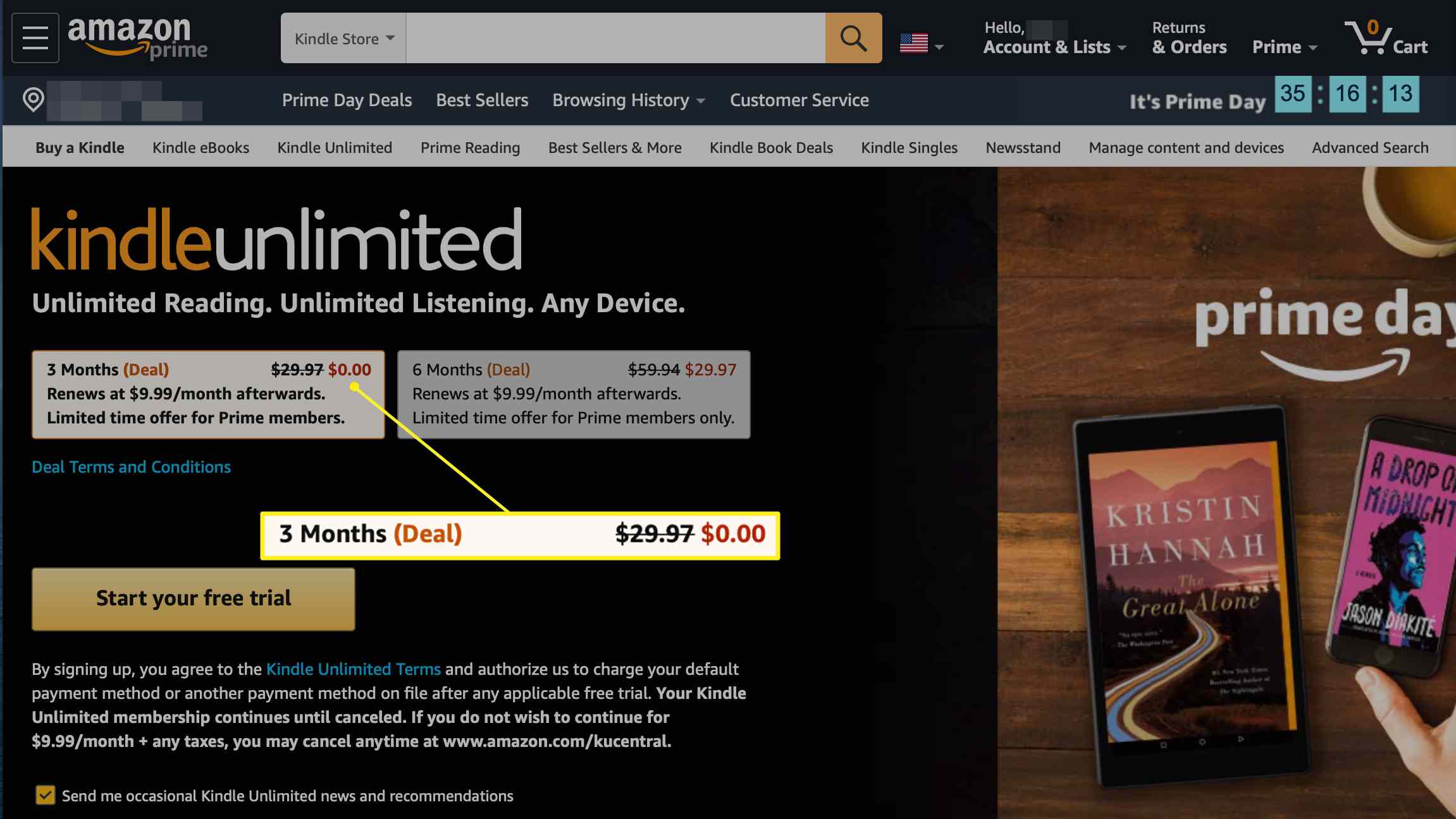 Tlačítko Kindle Unlimited zdarma na Amazon.com