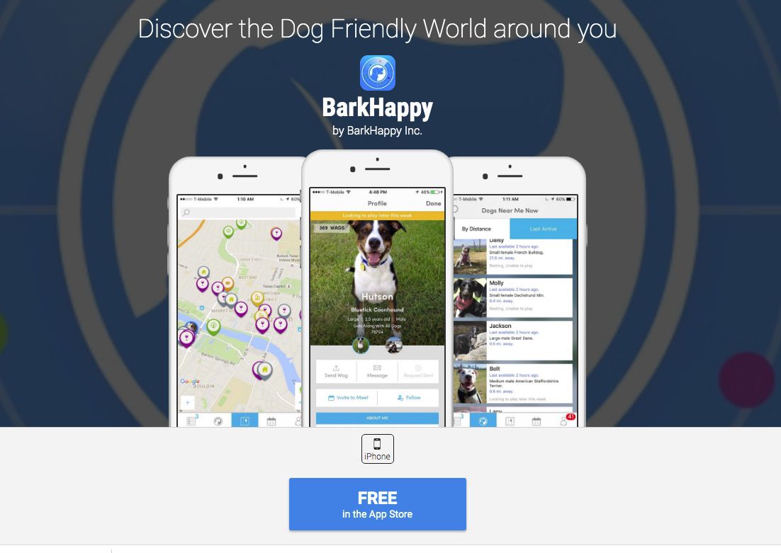 Screenshot aplikace sociální sítě BarkHappy pro majitele psů