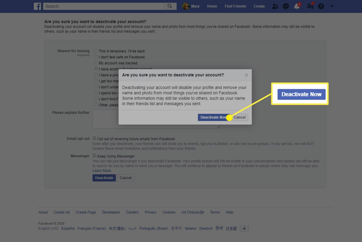 Posledním krokem je deaktivace účtu Facebook pomocí webového prohlížeče.