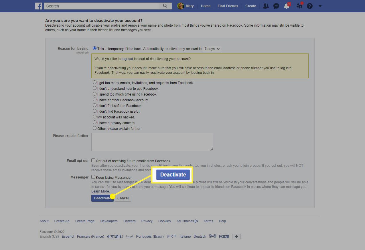 Deaktivační formulář na Facebooku v prohlížeči.