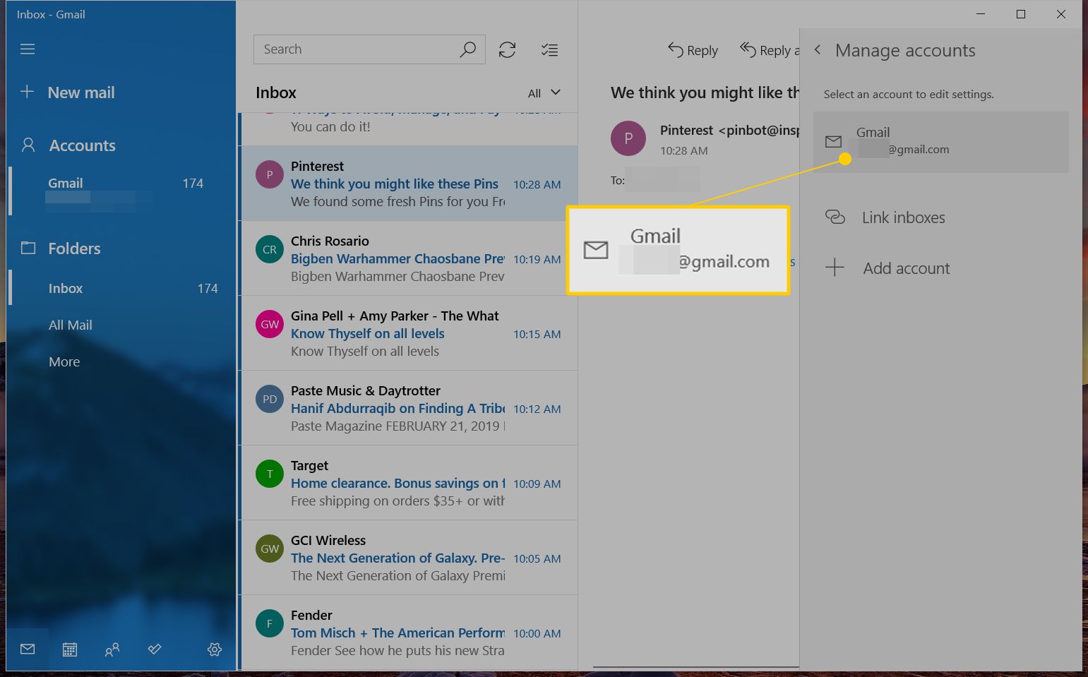 Účet, který chcete odebrat z Windows Mail