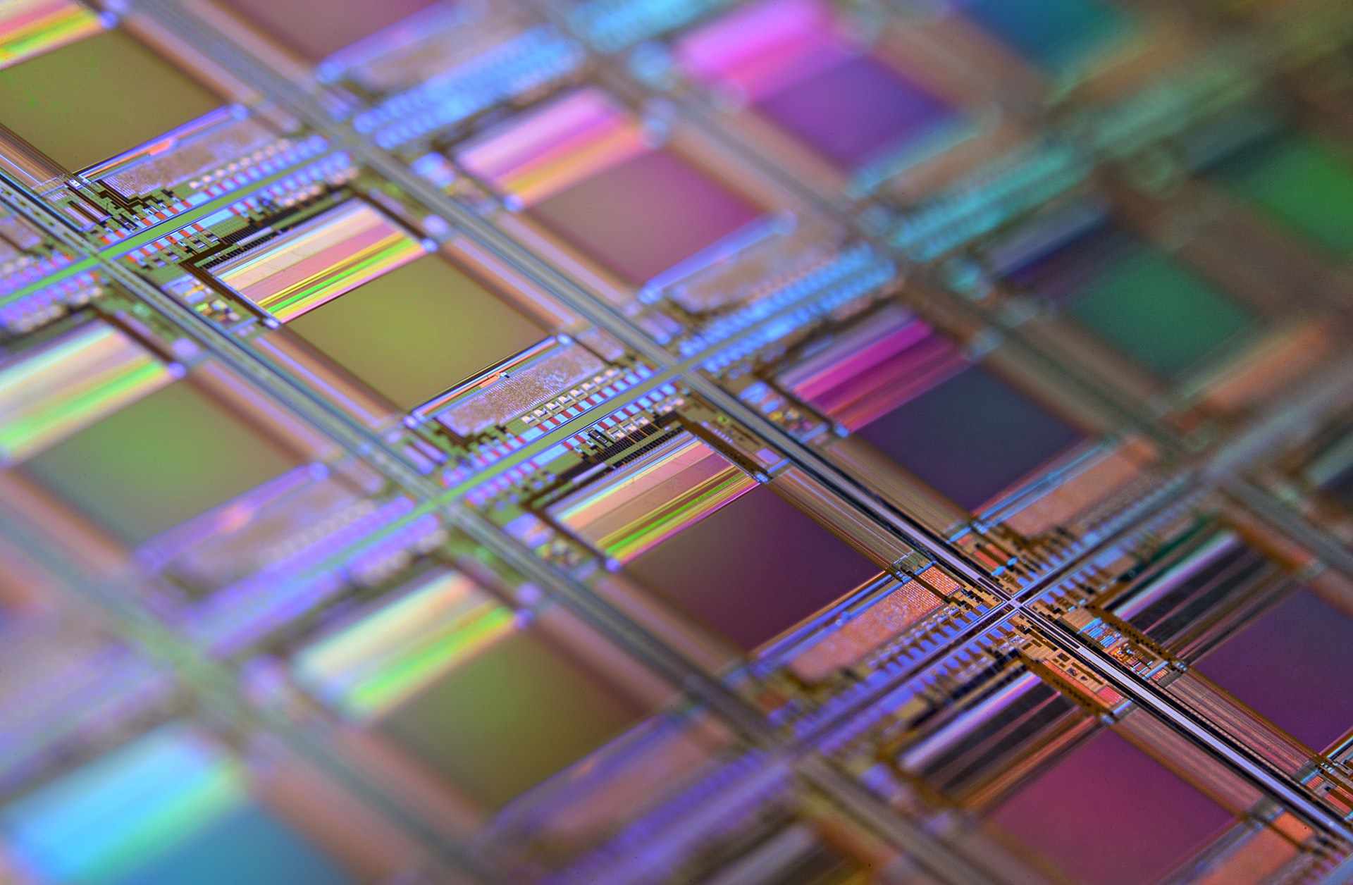 Makro křemíkové destičky, každý čtverec je čip s mikroskopickými tranzistory a obvody.