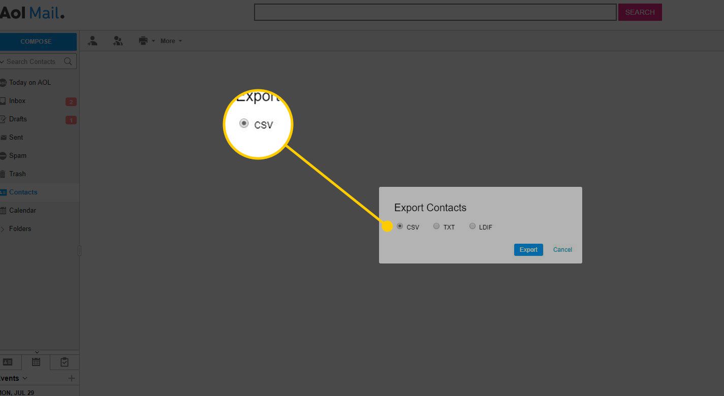 Exportujte dialogové okno v AOL Mail se zvýrazněnou možností CSV