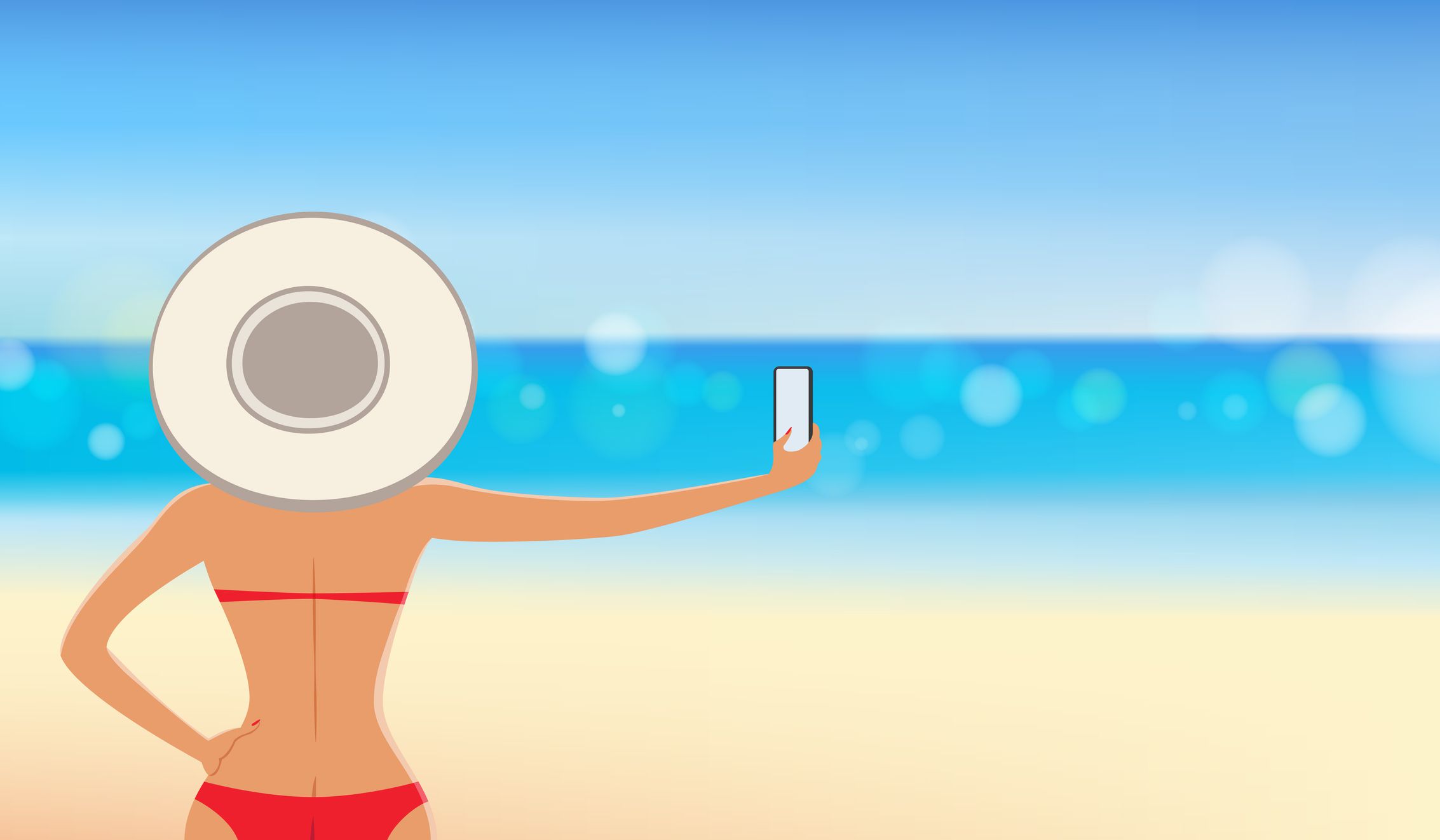 Žena s selfie na pláži.