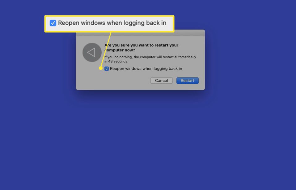 Dialogové okno restartu MacBooku se zvýrazněným zaškrtávacím políčkem „Znovu otevírat okna při opětovném přihlášení“