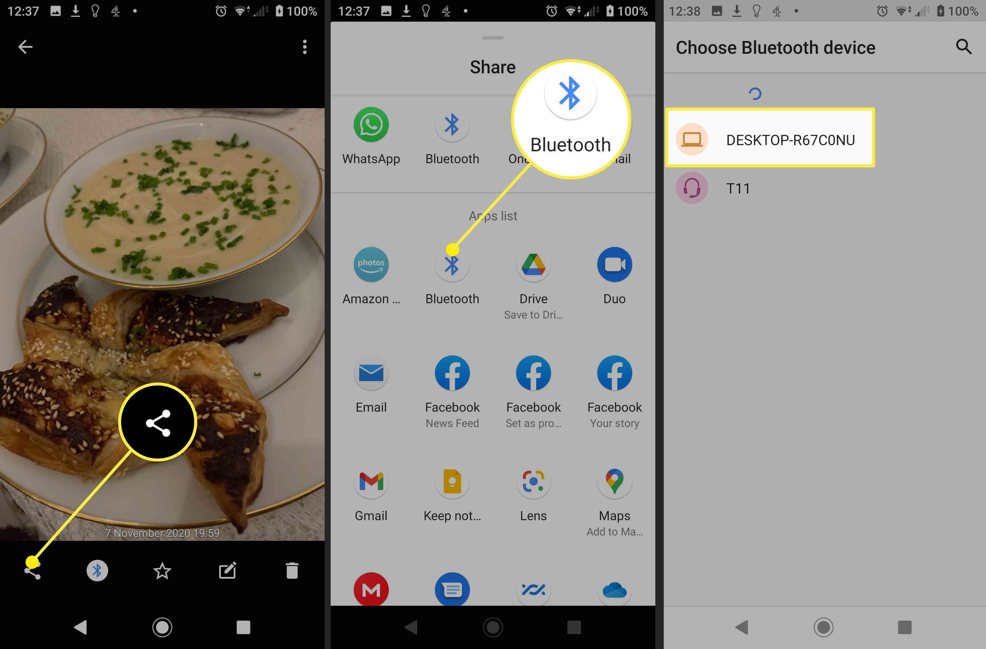 Screenshoty nastavení přenosu fotografií Bluetooth mezi Androidem a Macem.