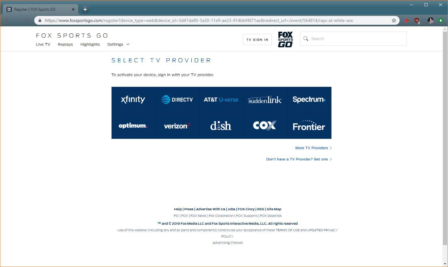 Snímek obrazovky s webem pro výběr poskytovatele televize FOX Sports GO.