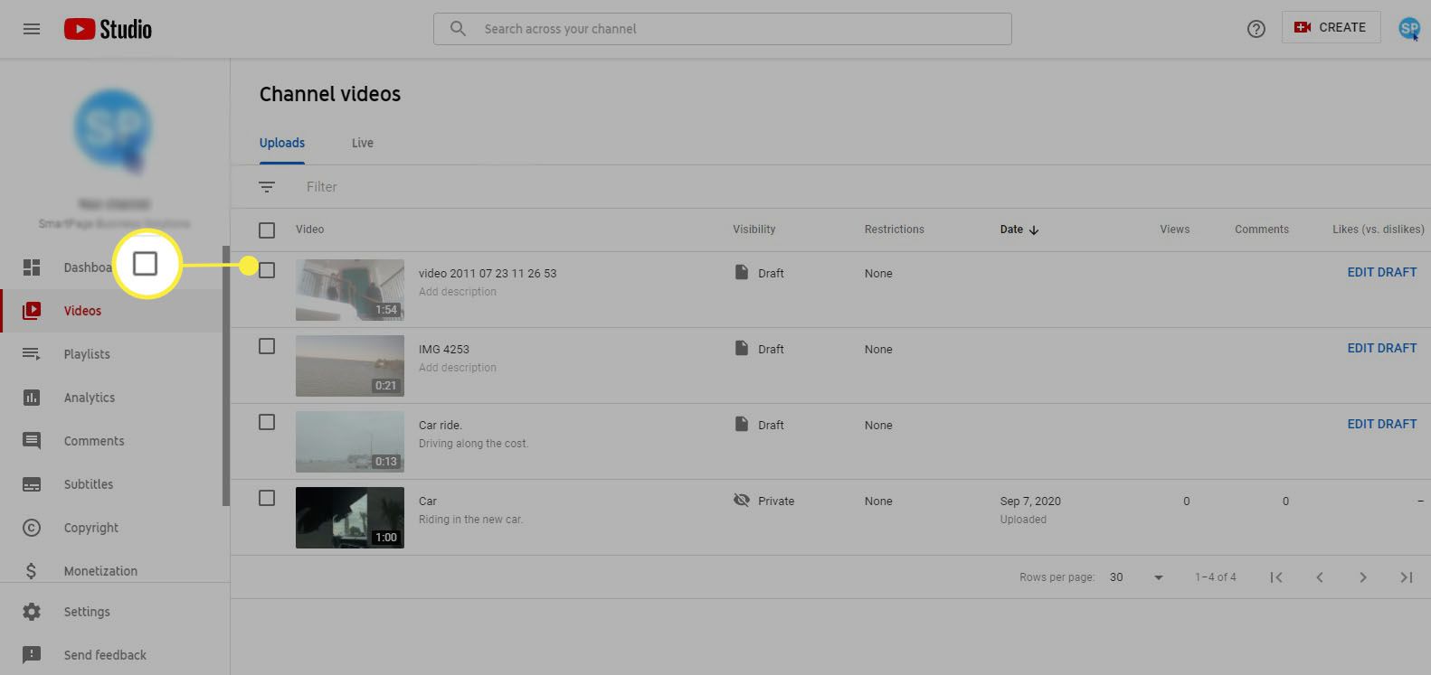 Studio YouTube - vyberte video, do kterého chcete přidat kartu