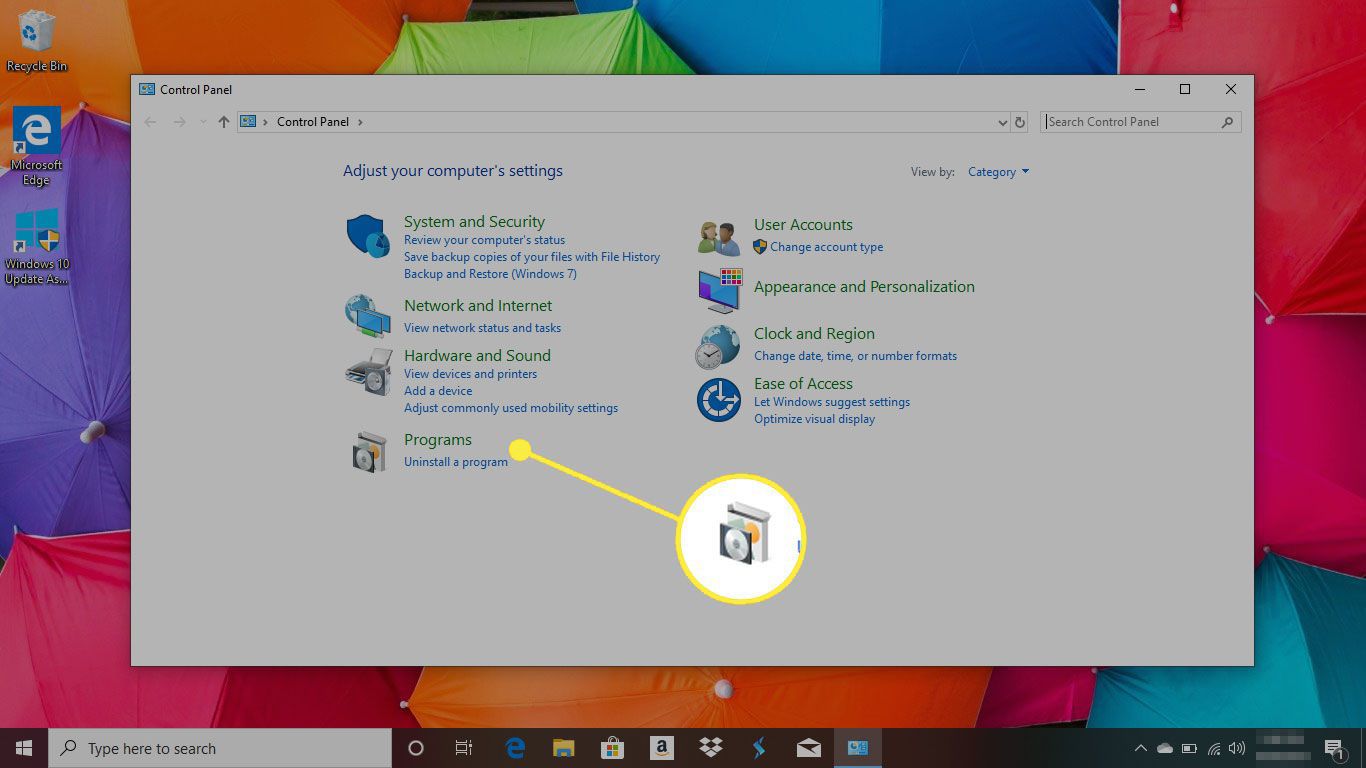 Ovládací panely ve Windows 10 se zvýrazněnou nabídkou Programy