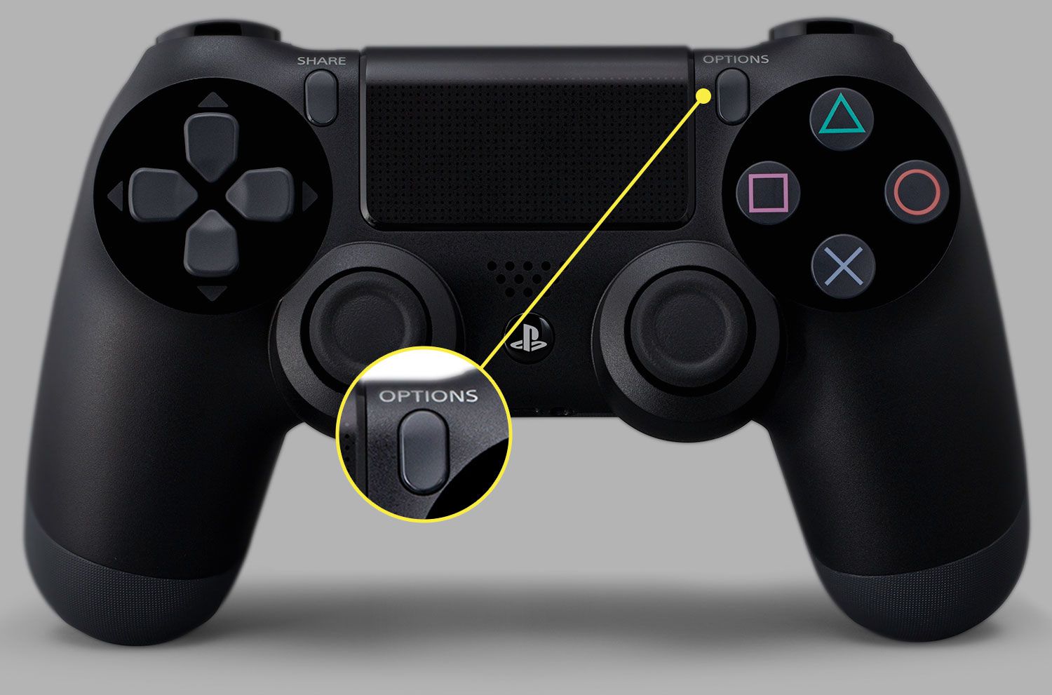 Ovladač DualShock 4 se zvýrazněným tlačítkem Možnosti