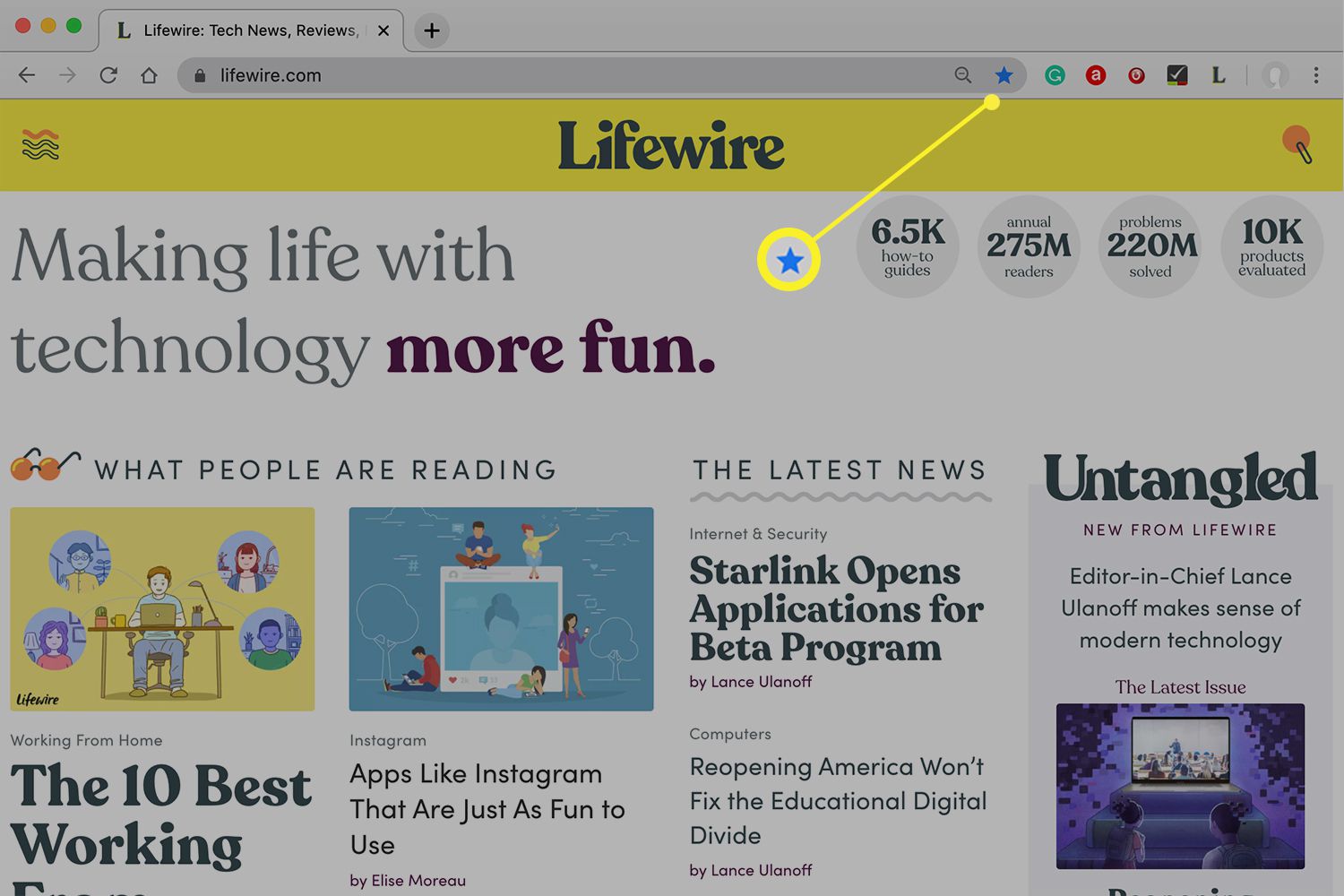 Webová stránka zobrazující v pruhu URL prohlížeče Chrome hvězdu
