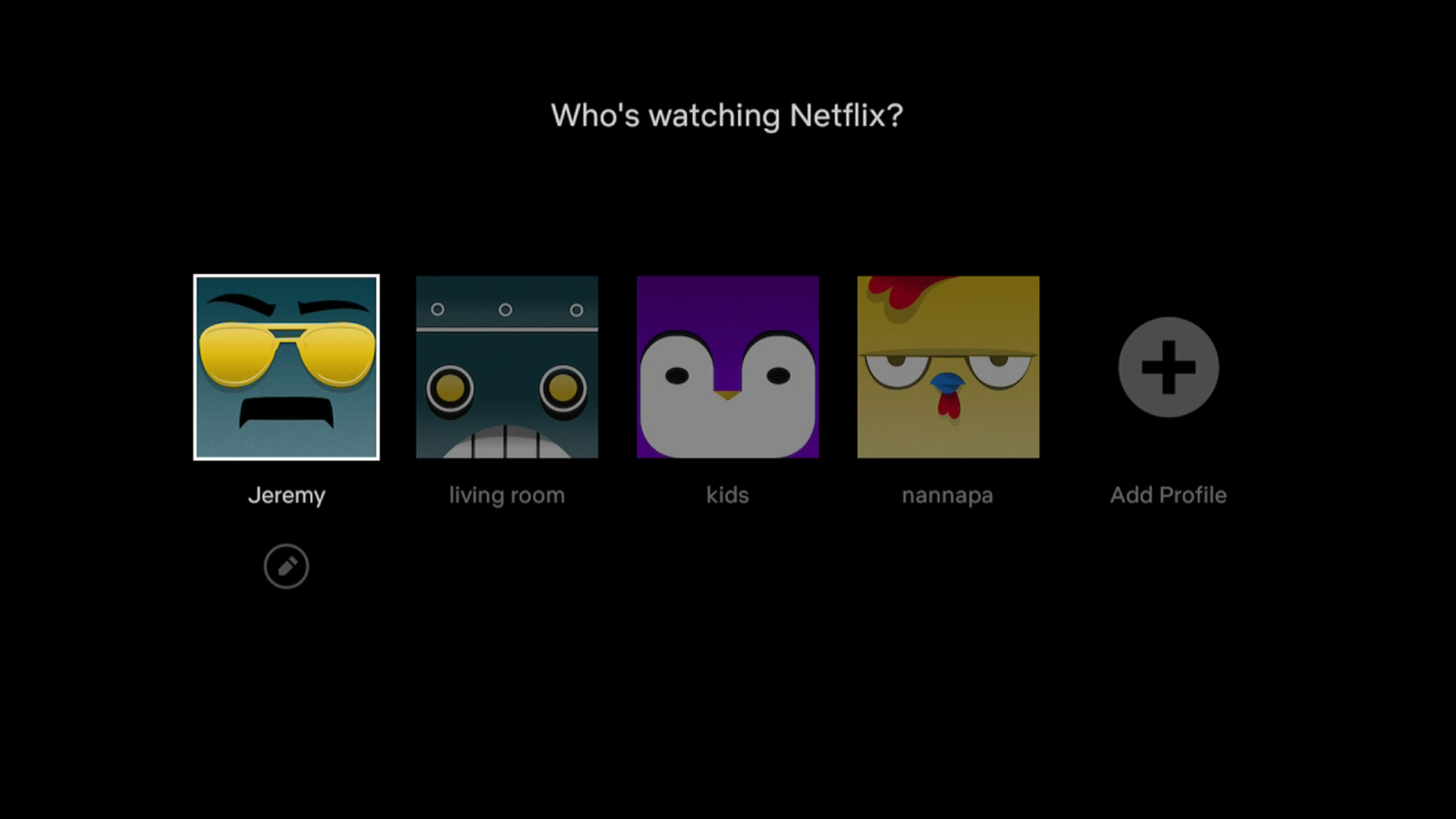 Snímek obrazovky profilů Netflix na Roku.