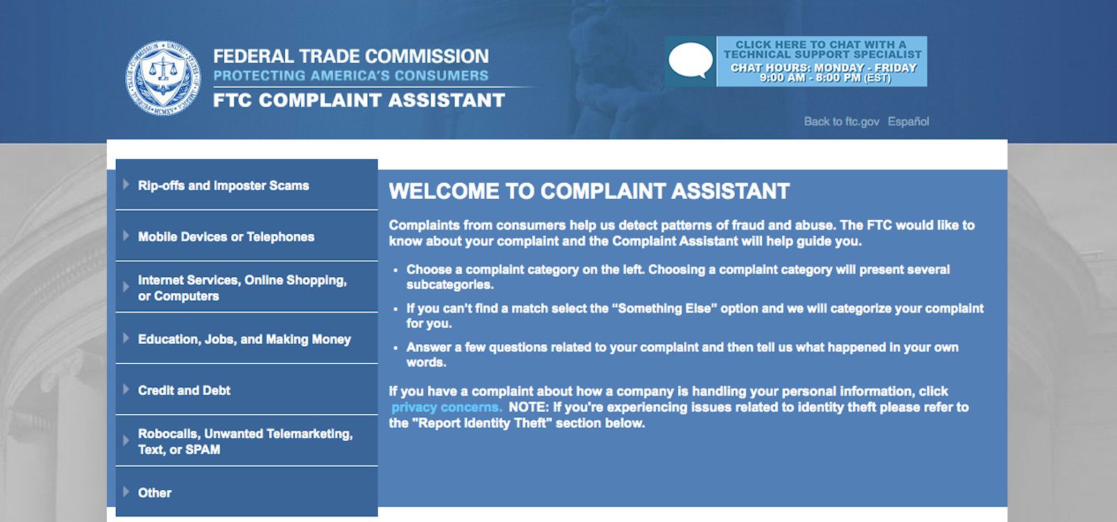 Snímek obrazovky FTCComplaintAssistant.gov.