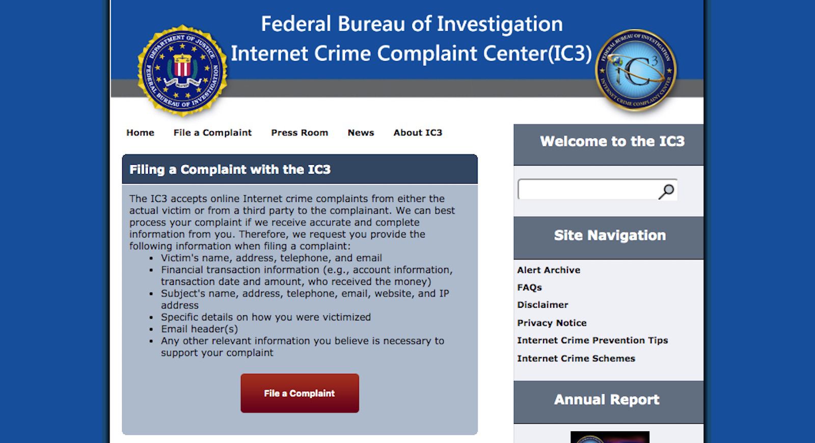 Snímek obrazovky IC3.gov.