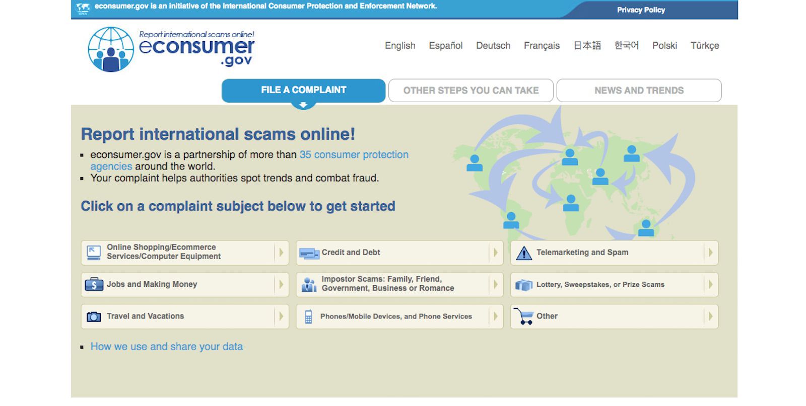 Snímek obrazovky econsumer.gov.