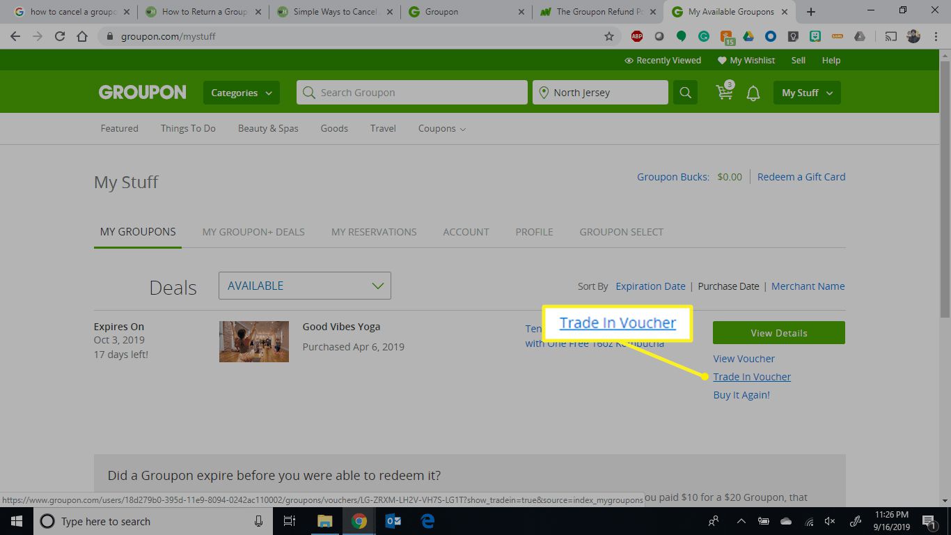 Obrazovka My Groupons se zvýrazněným poukazem Trade In Voucher