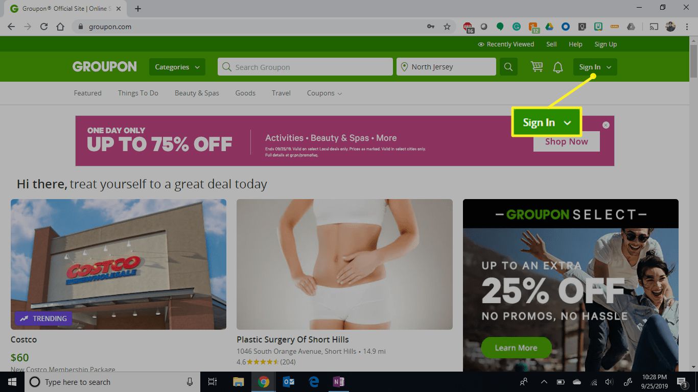 Domovská stránka Groupon se zvýrazněným tlačítkem Přihlásit se