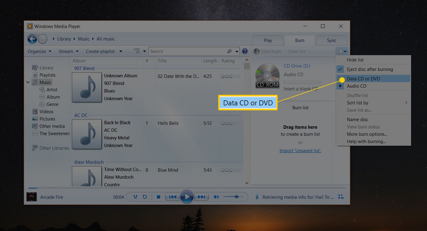 Možnost nabídky Data CD nebo DVD v programu Windows Media Player