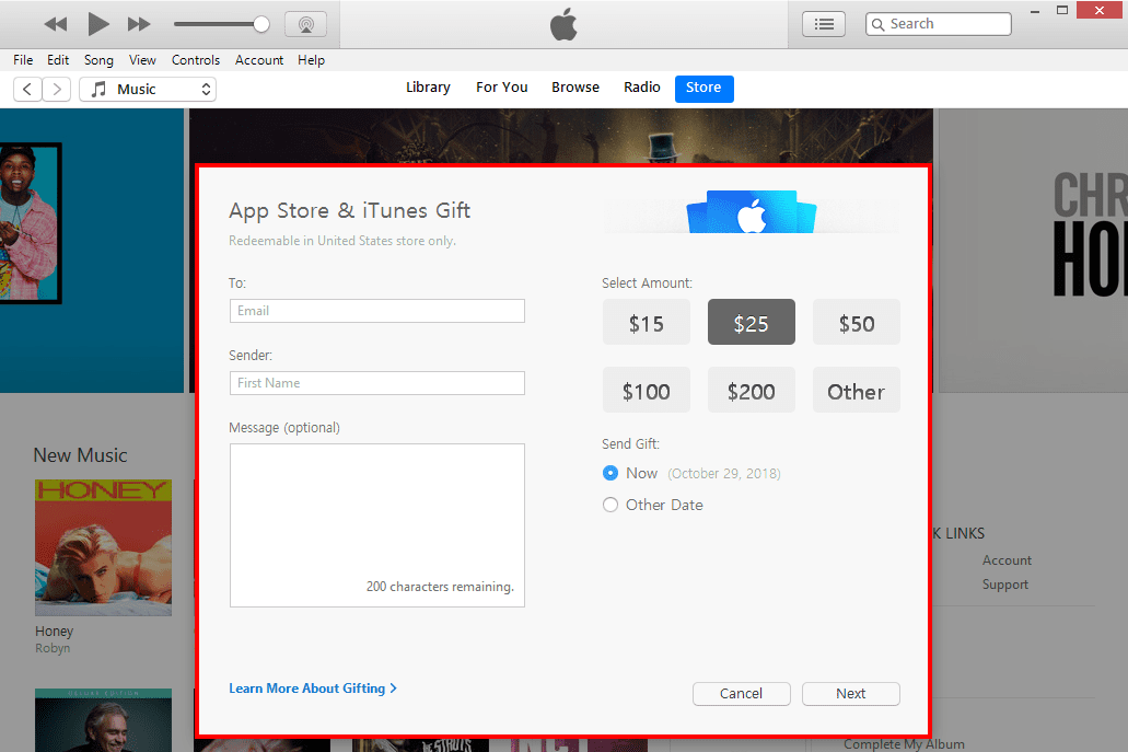 Screenshot možností dárku v iTunes