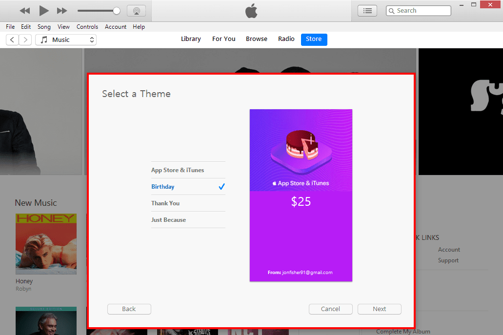 Screenshot motivů dárkových certifikátů v iTunes