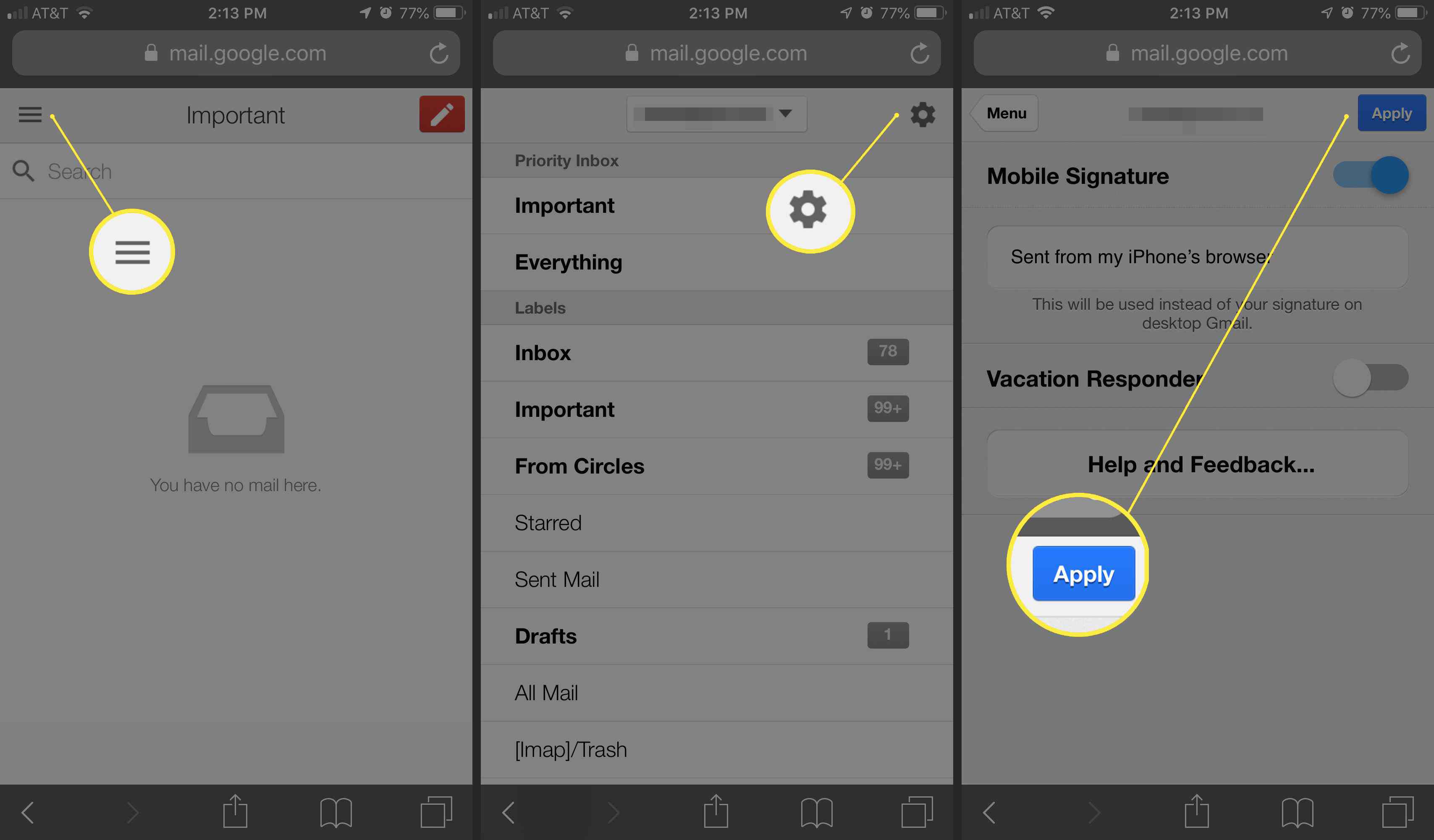 Tři obrazovky iOS pro Gmail na webu, zobrazující hamburgerovou nabídku, ikonu ozubeného kola a tlačítko Použít pro mobilní podpis