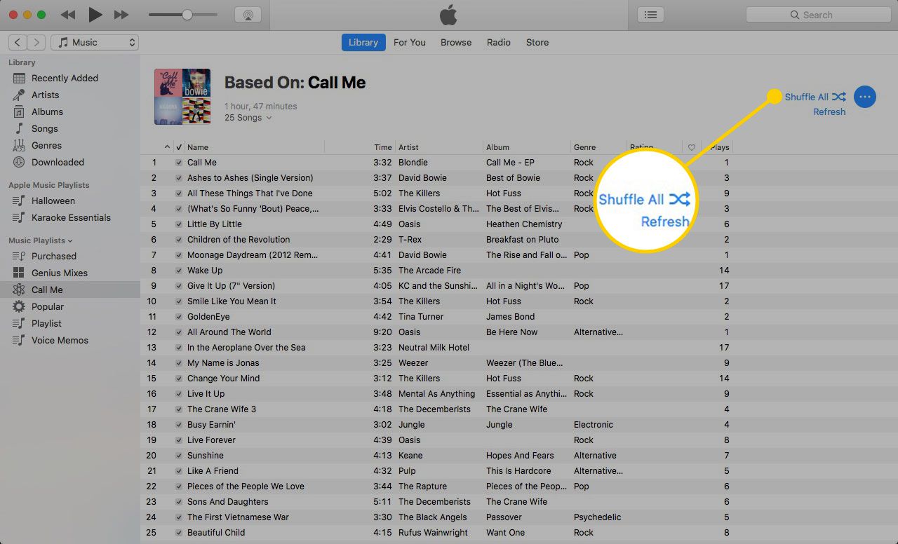 Tlačítko Shuffle All v seznamu skladeb iTunes Genius
