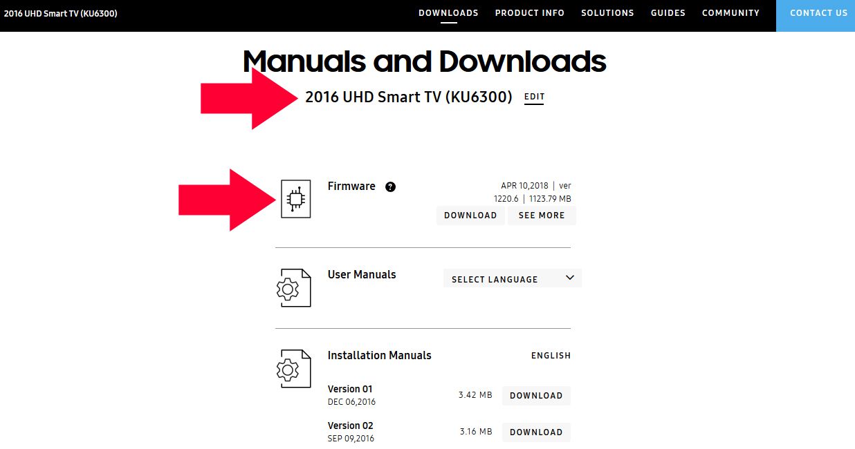 Stránka s aktualizací firmwaru Samsung TV