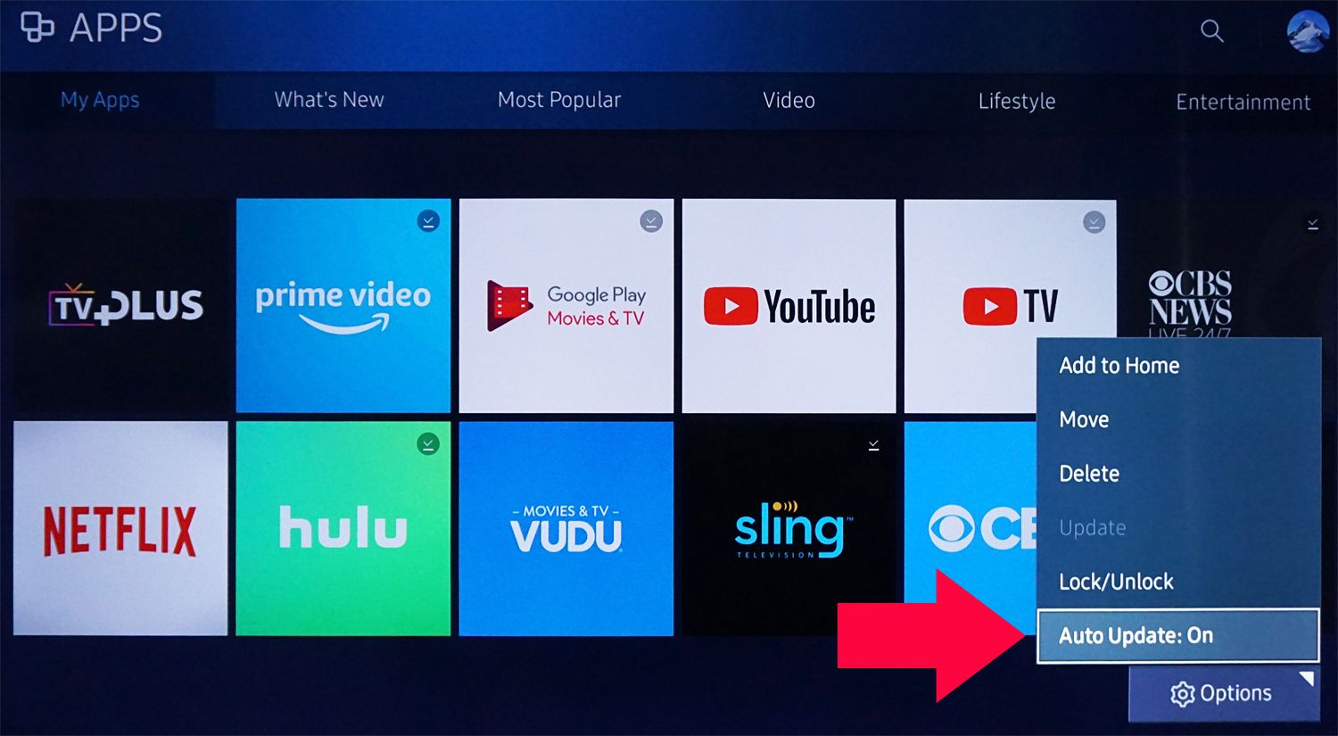 Samsung TV - Možnost automatické aktualizace aplikace