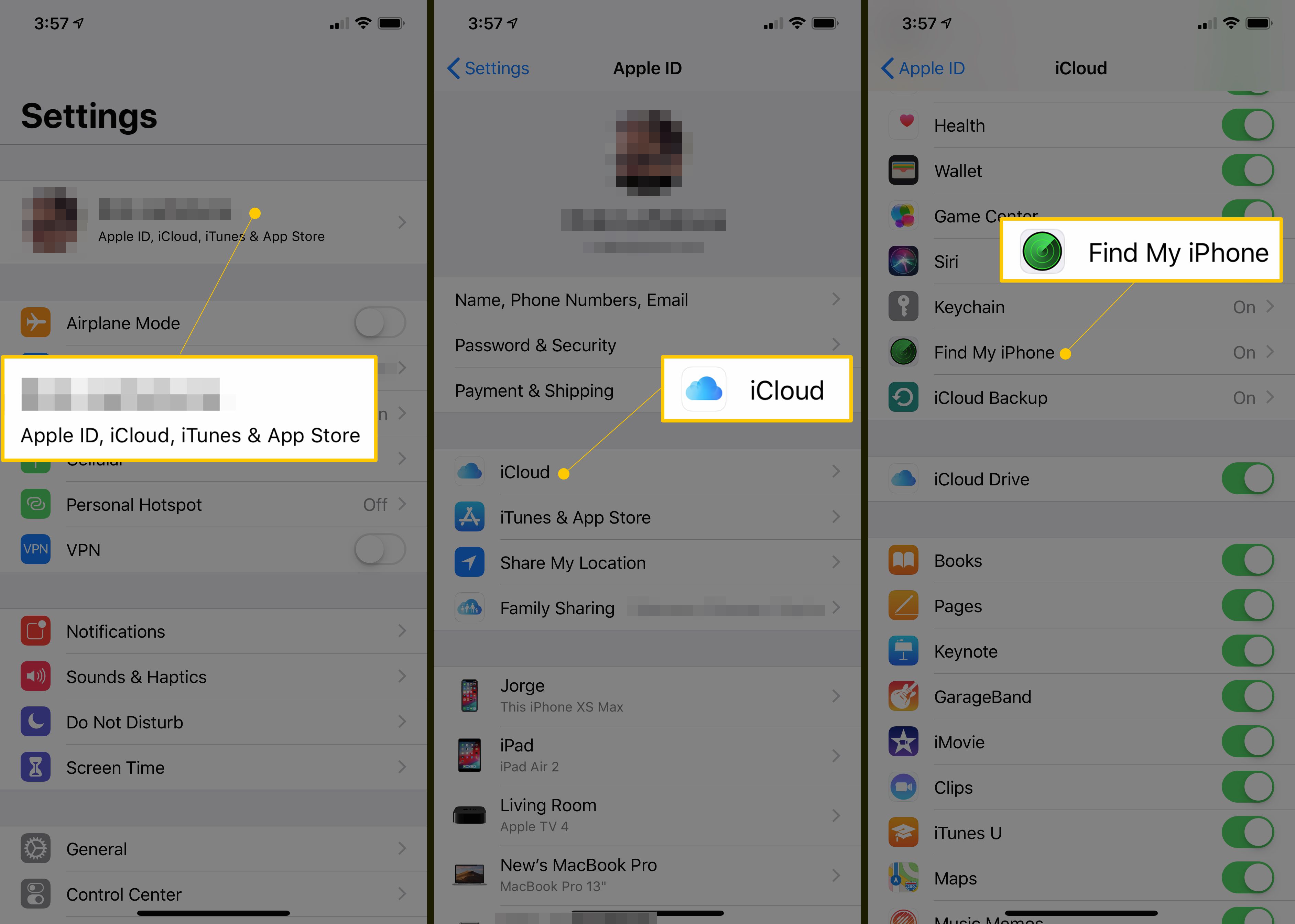 Tři obrazovky iOS zobrazující odkaz na jméno, tlačítko iCloud a tlačítko Najít můj iPhone