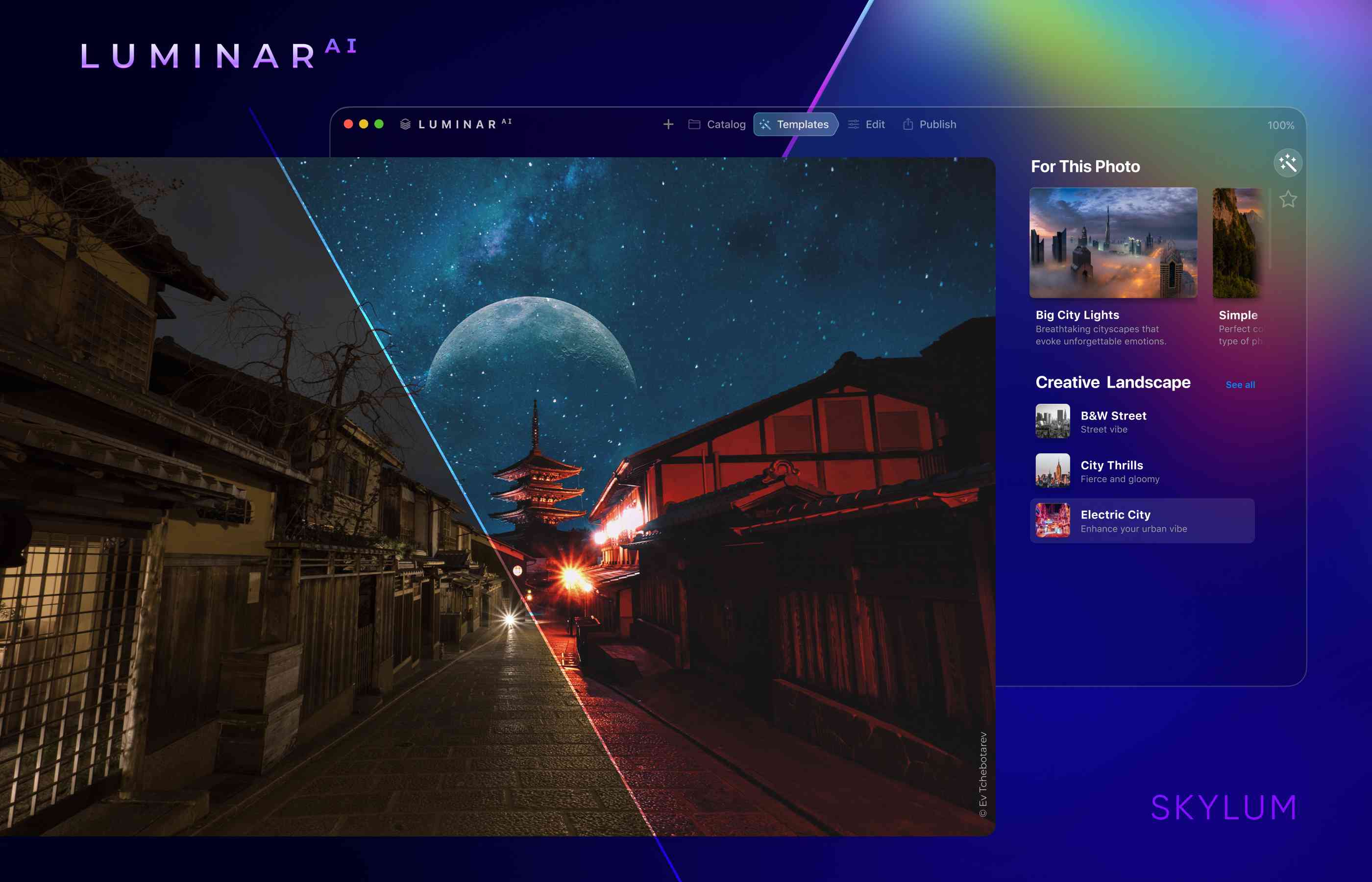 Software Luminar společnosti SKylum zobrazující fotografii města ve dvou různých filtrech