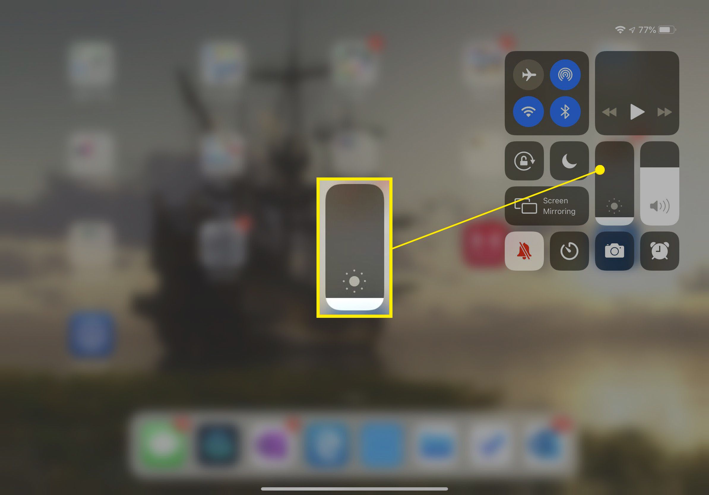 Posuvník jasu v Control Center pro iOS na iPadu