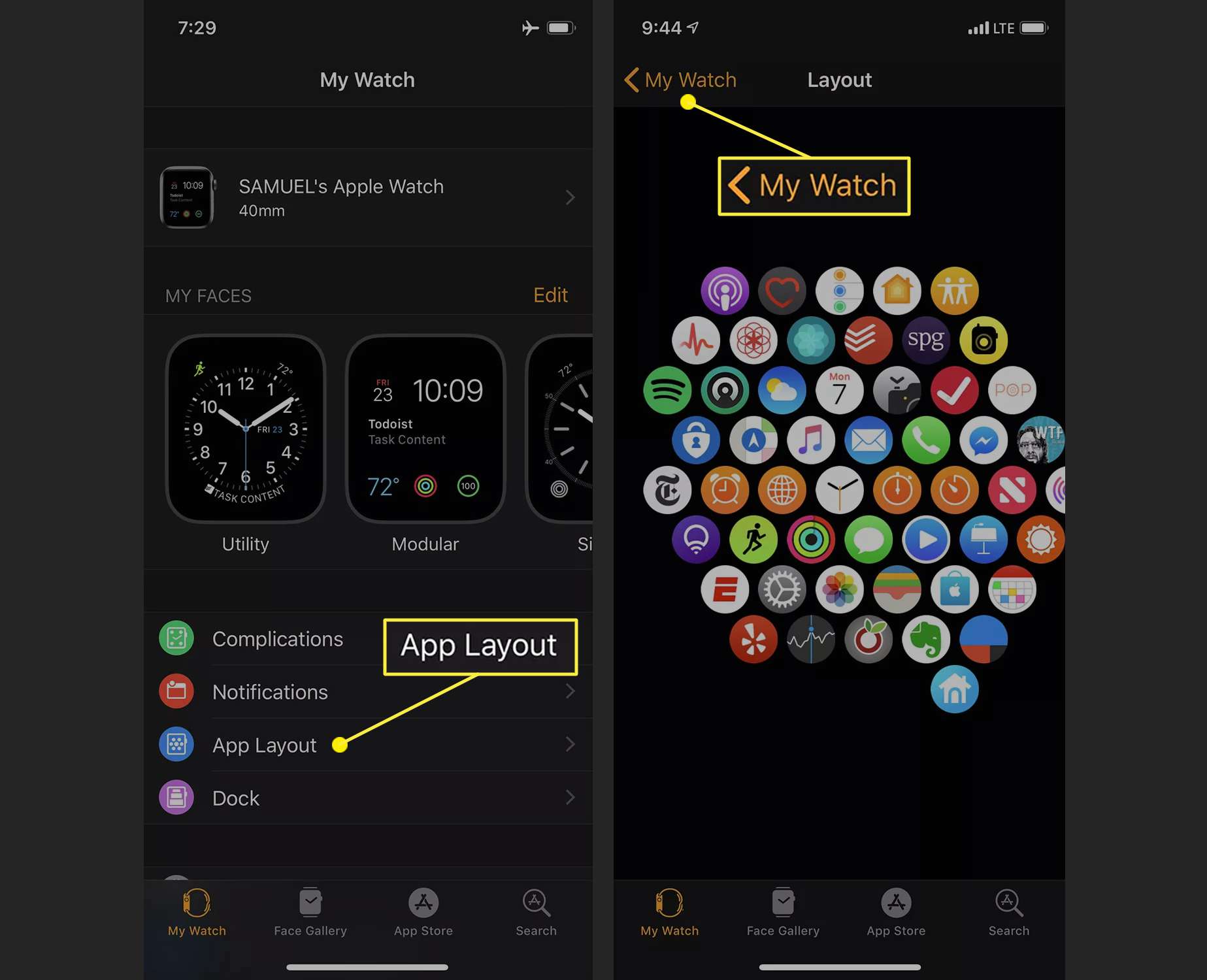 Sledujte aplikaci na iPhone zobrazující mřížku hodinek
