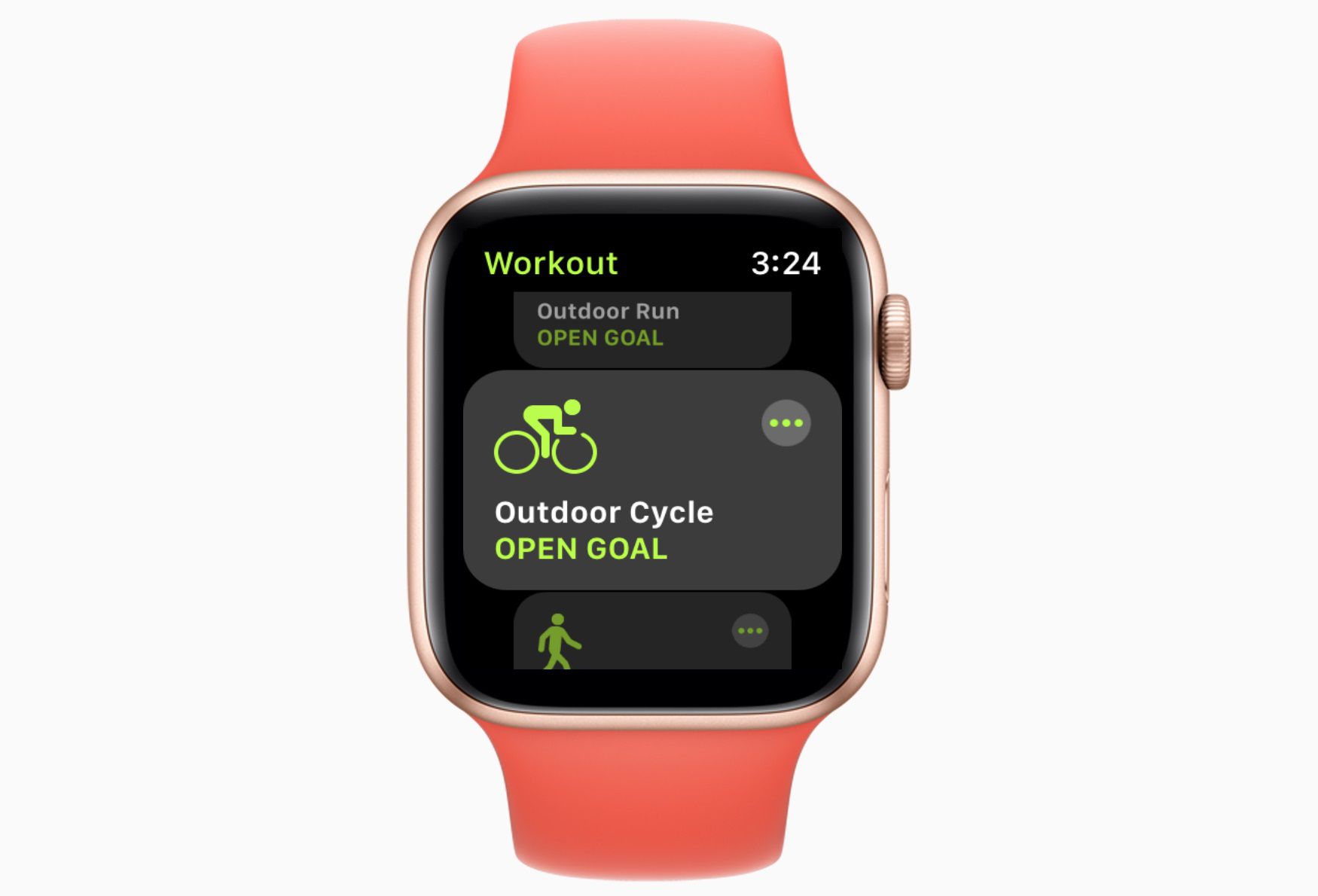 Obrazovka cvičení Apple Watch s venkovním cyklem na obrazovce
