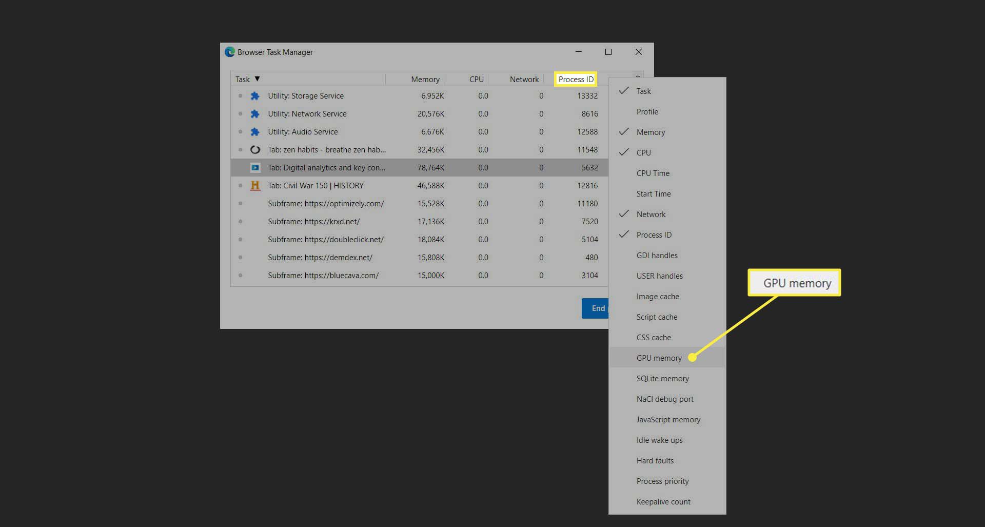 Další možnosti na obrazovce správce úloh prohlížeče Microsoft Edge.