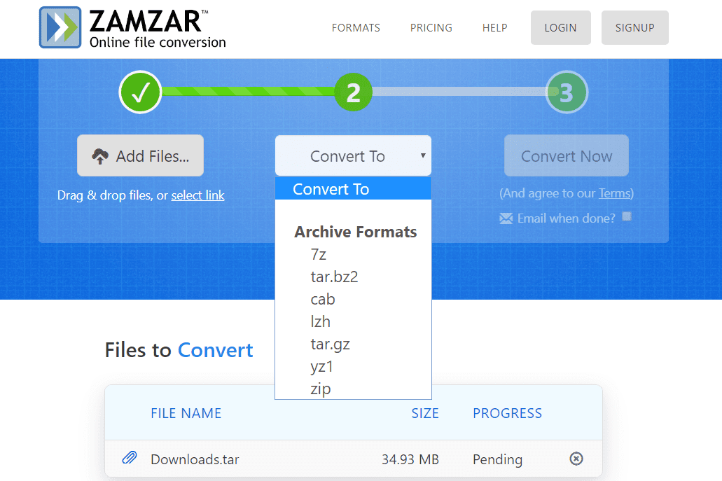 Možnosti převodu TAR na Zamzar